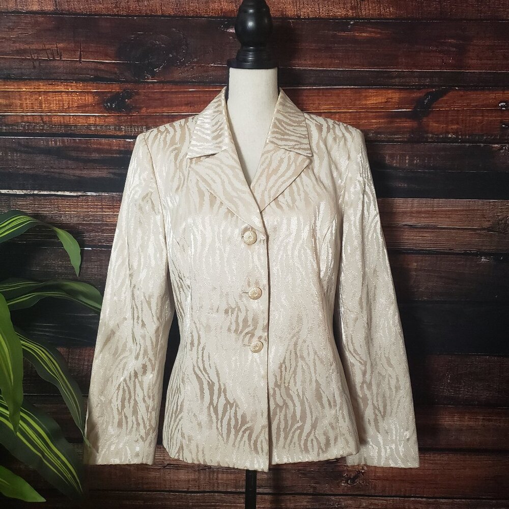 Nipon Boutique Vintage Blazer Jacket 14 Pearl Cream Shimmer Jacquard Tiger